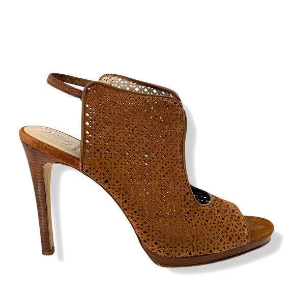 Tory Burch Elanor Laser Cut Peep Toe Stiletto Heels Sandals Size 9.5 - Picture 2 of 12